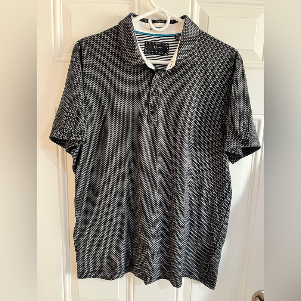 Ted Baker Polo Shirt Mens 5 Pocket Preppy Black Polka Short Sleeve Preppy Casual